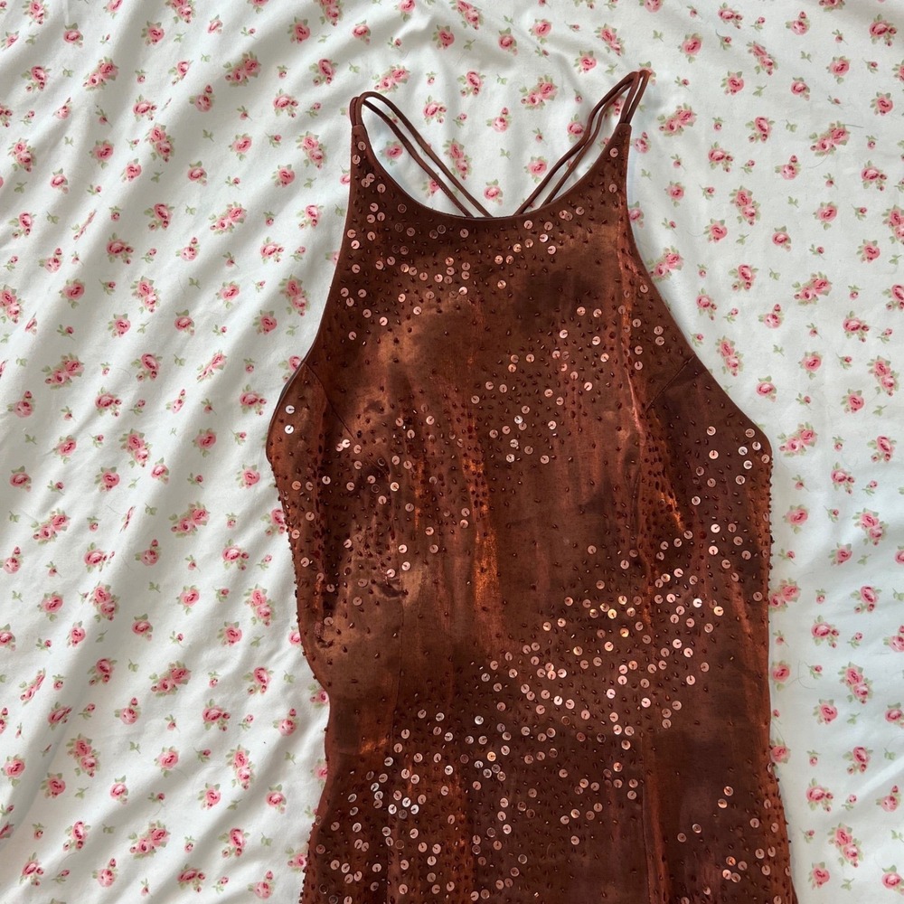 vintage orange metallic beaded evening maxi dress with open‎ back and side slit - Picture 5 of 8